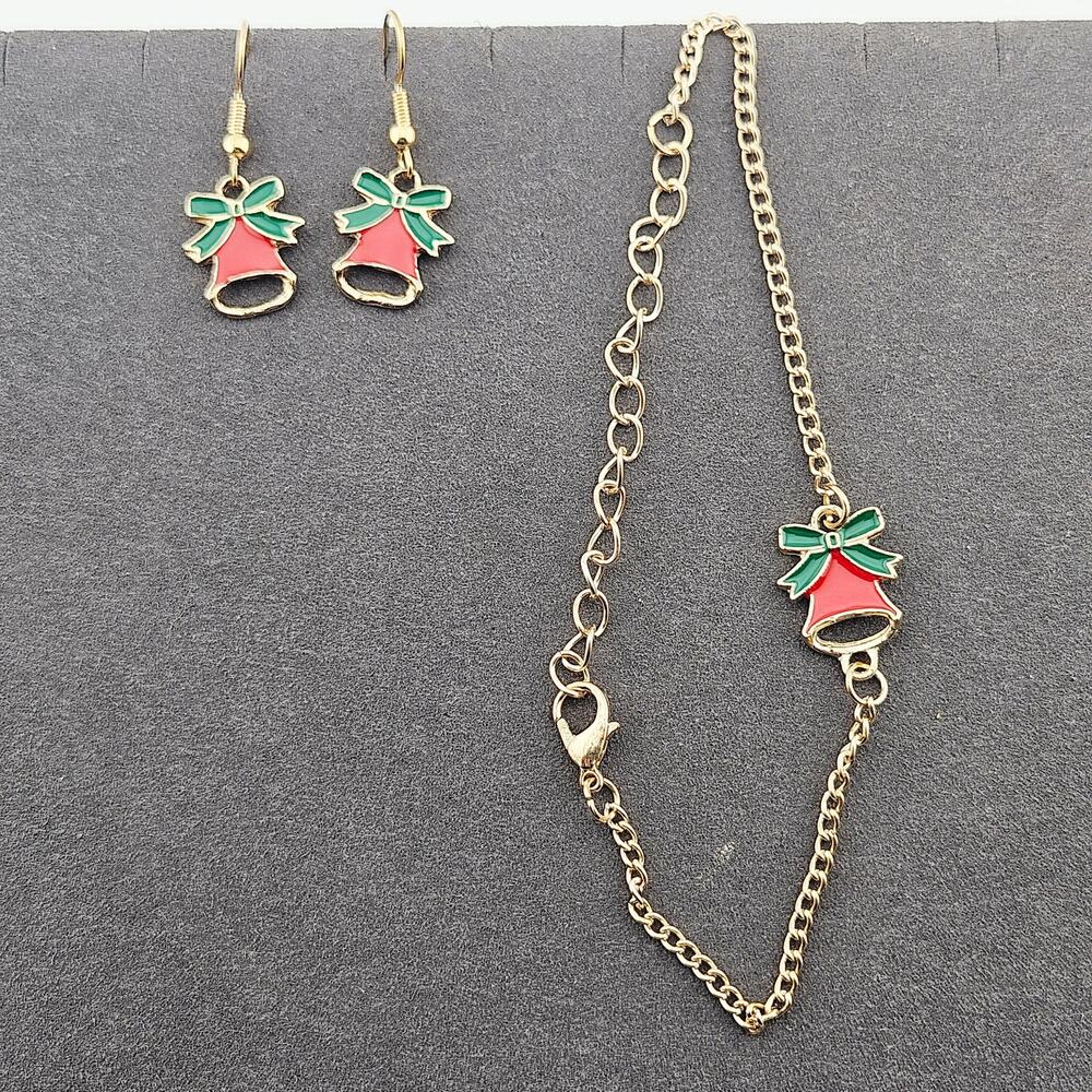 Christmas Bells Jewelry Set Bracelet & Earrings Gold Tone Chain Holiday Party